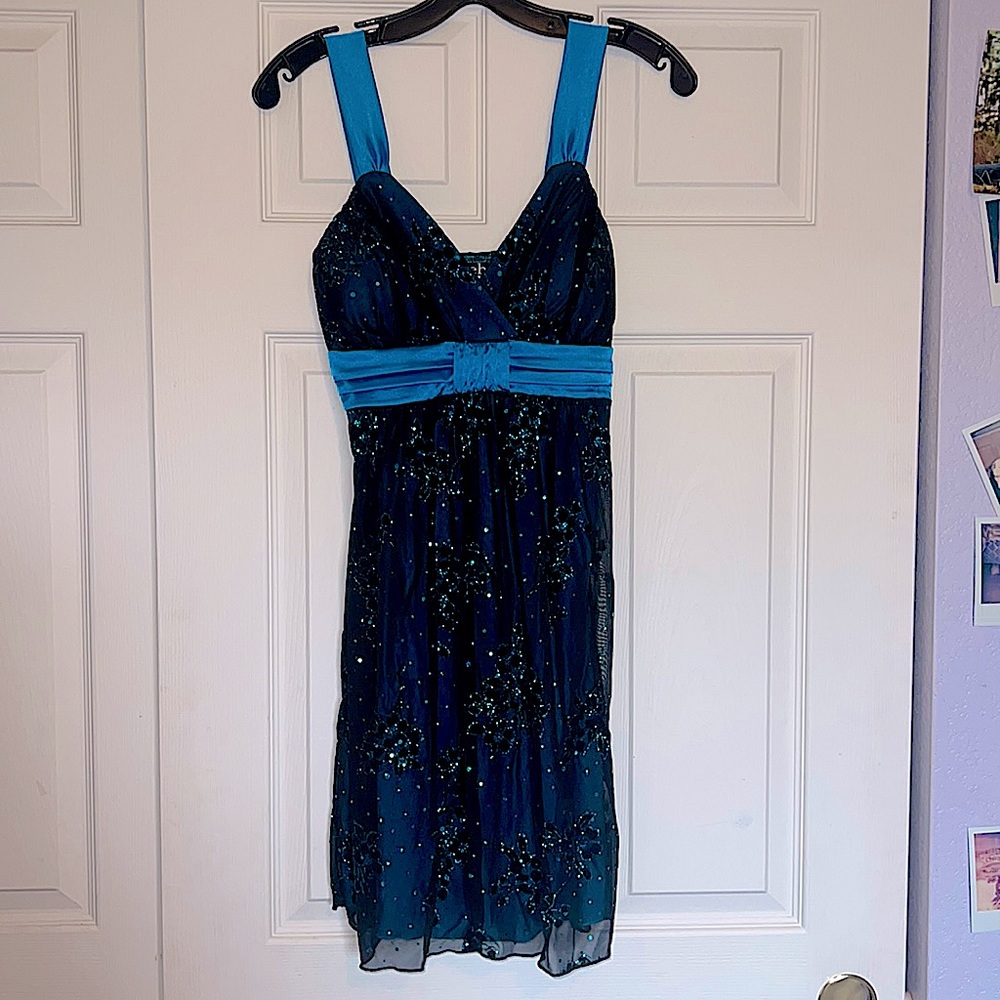 Black and blue formal mini dress